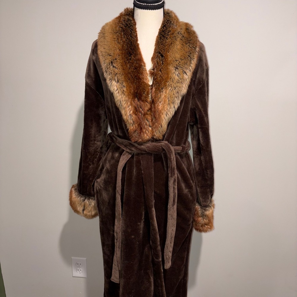 Vintage Faux Fur Trim Adrienne Landau Plush Robe Womens One Size Brown